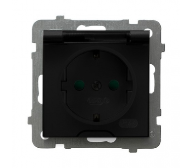 Gniazdo bryzgoszczelne z uziemieniem schuko IP-44 z przesłonami torów prądowych wieczko przezroczyste Czarny matowy Ospel As