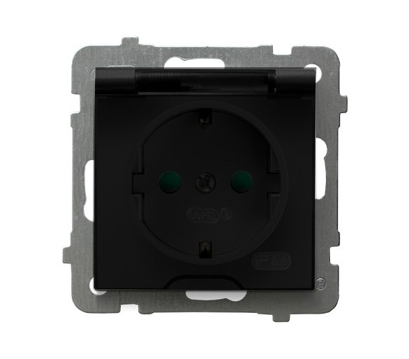 Gniazdo bryzgoszczelne z uziemieniem schuko IP-44 z przesłonami torów prądowych wieczko przezroczyste Czarny matowy Ospel As