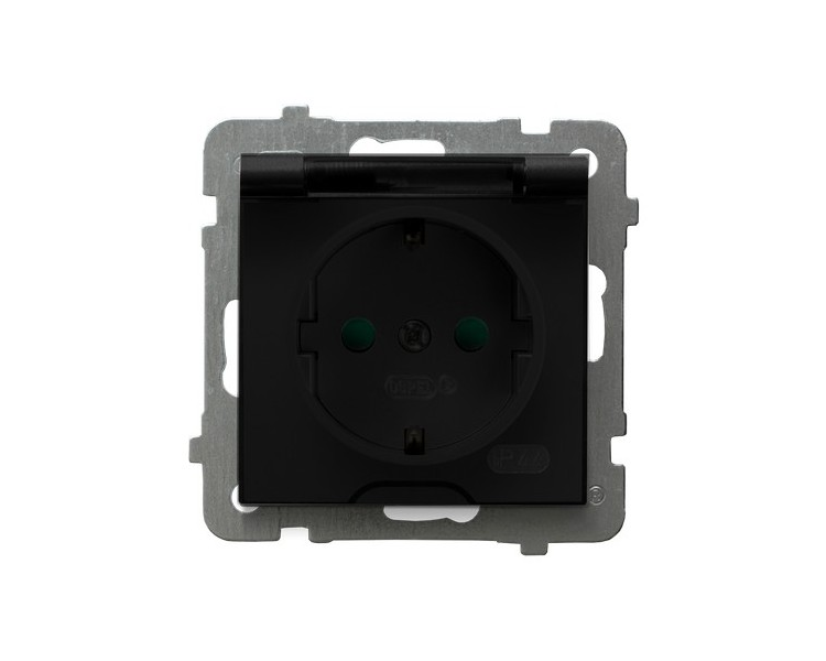 Gniazdo bryzgoszczelne z uziemieniem schuko IP-44 z przesłonami torów prądowych wieczko przezroczyste Czarny matowy Ospel As