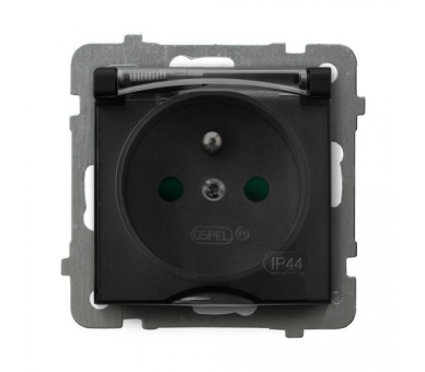 Gniazdo bryzgoszczelne z uziemieniem IP-44 z przesłonami torów prądowych wieczko dymne Czarny matowy Ospel As