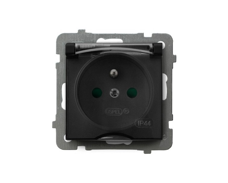 Gniazdo bryzgoszczelne z uziemieniem IP-44 z przesłonami torów prądowych wieczko dymne Czarny matowy Ospel As