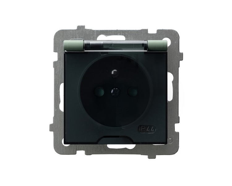 Gniazdo bryzgoszczelne z uziemieniem IP-44 z przesłonami torów prądowych wieczko przezroczyste Zielony mat Ospel As