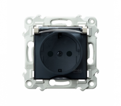 Gniazdo bryzgoszczelne z uziemieniem schuko IP-44 wieczko przezroczyste z przesłonami torów prądowych Kaszmirowy beż Ospel Szafir