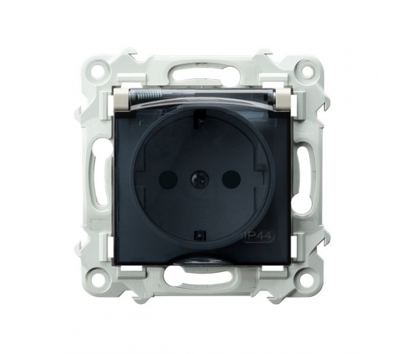 Gniazdo bryzgoszczelne z uziemieniem schuko IP-44 wieczko przezroczyste z przesłonami torów prądowych Kaszmirowy beż Ospel Szafir