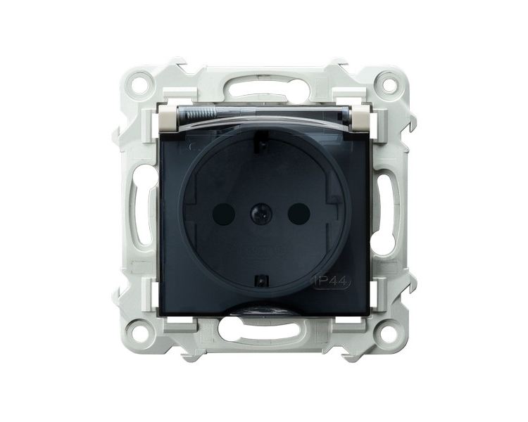 Gniazdo bryzgoszczelne z uziemieniem schuko IP-44 wieczko przezroczyste z przesłonami torów prądowych Kaszmirowy beż Ospel Szafir