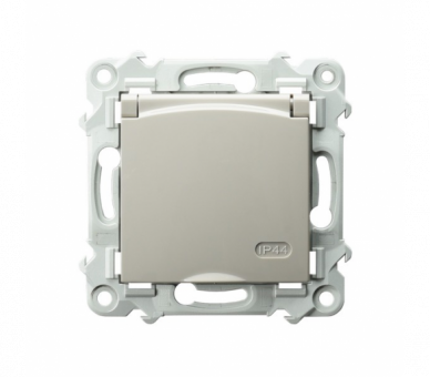 Gniazdo bryzgoszczelne z uziemieniem schuko IP-44 wieczko w kolorze wyrobu, z przesłonami torów prądowych Kaszmirowy beż Ospel Szafir