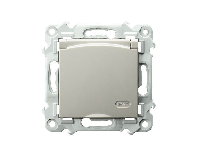 Gniazdo bryzgoszczelne z uziemieniem schuko IP-44 wieczko w kolorze wyrobu, z przesłonami torów prądowych Kaszmirowy beż Ospel Szafir
