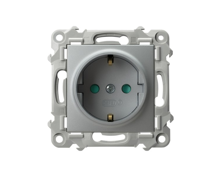Gniazdo pojedyncze z uziemieniem schuko z przesłonami torów prądowych Srebro Ospel Szafir
