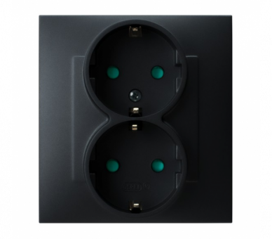 Gniazdo podwójne z uziemieniem schuko z przesłonami torów prądowych, kompletne z ramką Czarny matowy Ospel Szafir