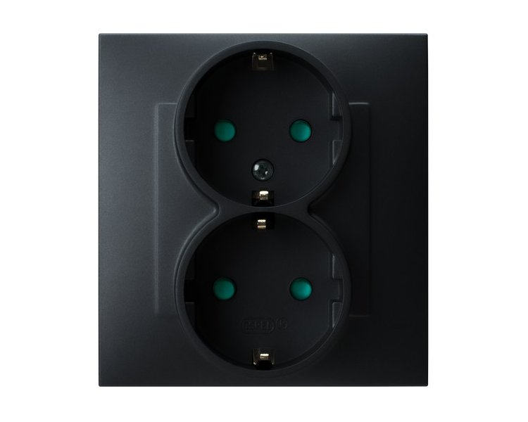 Gniazdo podwójne z uziemieniem schuko z przesłonami torów prądowych, kompletne z ramką Czarny matowy Ospel Szafir