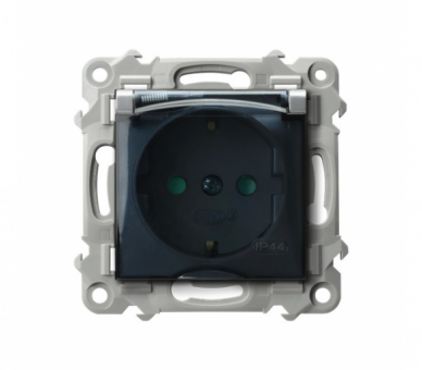 Gniazdo bryzgoszczelne z uziemieniem schuko IP-44 wieczko przezroczyste z przesłonami torów prądowych Srebro Ospel Szafir