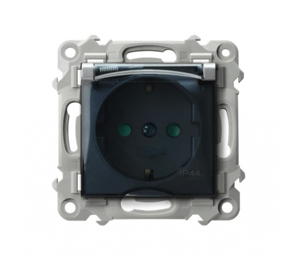 Gniazdo bryzgoszczelne z uziemieniem schuko IP-44 wieczko przezroczyste z przesłonami torów prądowych Srebro Ospel Szafir