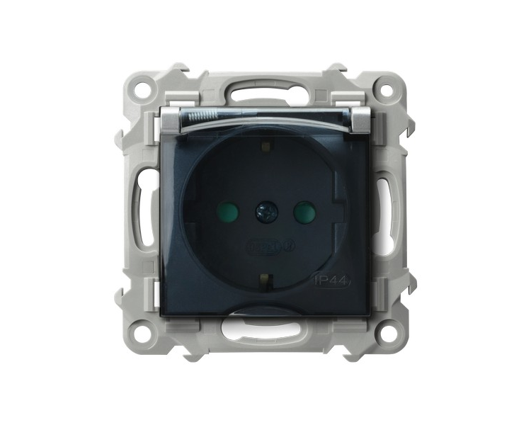 Gniazdo bryzgoszczelne z uziemieniem schuko IP-44 wieczko przezroczyste z przesłonami torów prądowych Srebro Ospel Szafir
