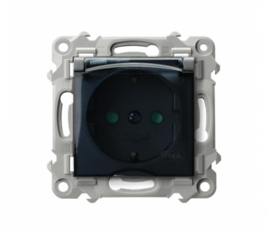 Gniazdo bryzgoszczelne z uziemieniem schuko IP-44 wieczko przezroczyste z przesłonami torów prądowych Szary mat Ospel Szafir