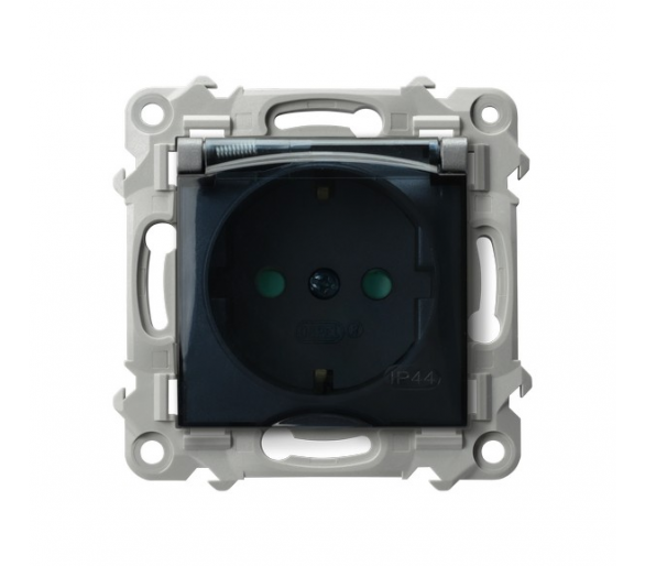 Gniazdo bryzgoszczelne z uziemieniem schuko IP-44 wieczko przezroczyste z przesłonami torów prądowych Szary mat Ospel Szafir