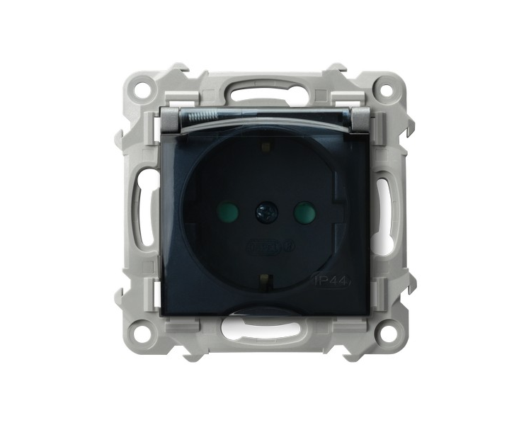 Gniazdo bryzgoszczelne z uziemieniem schuko IP-44 wieczko przezroczyste z przesłonami torów prądowych Szary mat Ospel Szafir