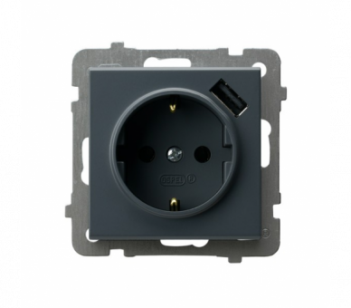 Gniazdo pojedyncze z uziemieniem schuko z przesłonami torów prądowych, z ładowarką USB Szary grafit Ospel Sonata