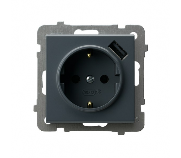 Gniazdo pojedyncze z uziemieniem schuko z przesłonami torów prądowych, z ładowarką USB Szary grafit Ospel Sonata