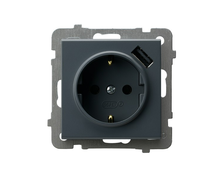 Gniazdo pojedyncze z uziemieniem schuko z przesłonami torów prądowych, z ładowarką USB Szary grafit Ospel Sonata
