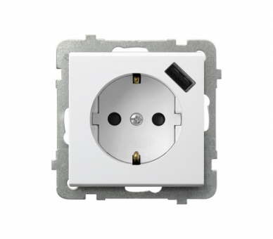 Gniazdo pojedyncze z uziemieniem schuko z przesłonami torów prądowych, z ładowarką USB Biały mat Ospel Sonata
