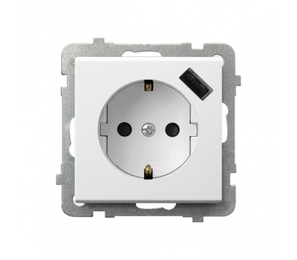 Gniazdo pojedyncze z uziemieniem schuko z przesłonami torów prądowych, z ładowarką USB Biały mat Ospel Sonata