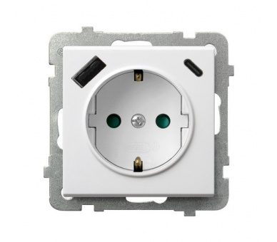 Gniazdo pojedyncze z uziemieniem schuko z przesłonami torów prądowych, z ładowarką USB A+C Biały Ospel Sonata