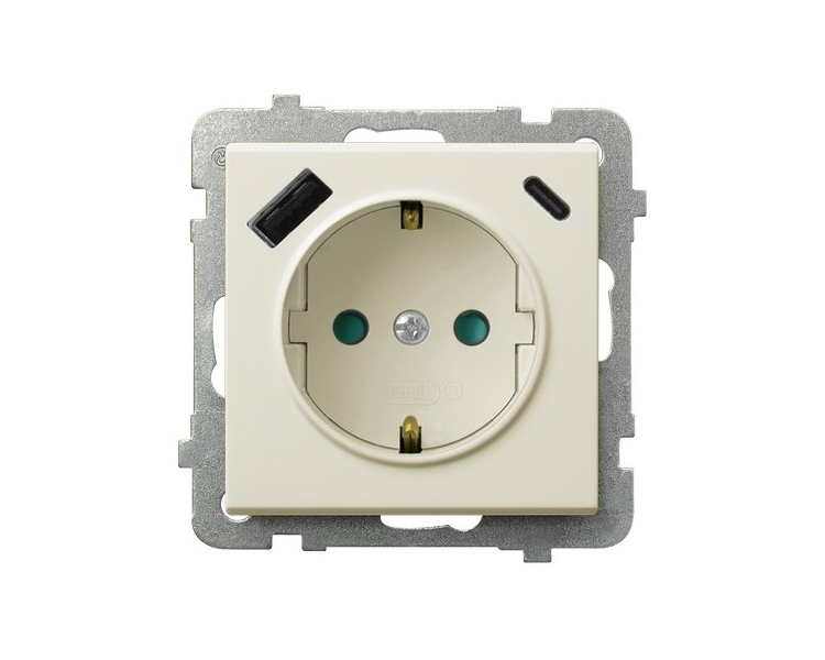 Gniazdo pojedyncze z uziemieniem schuko z przesłonami torów prądowych, z ładowarką USB A+C Ecru Ospel Sonata