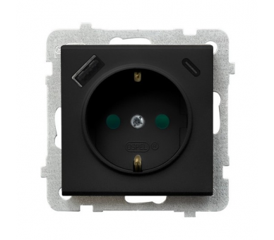 Gniazdo pojedyncze z uziemieniem schuko z przesłonami torów prądowych, z ładowarką USB A+C Czarny matowy Ospel Sonata