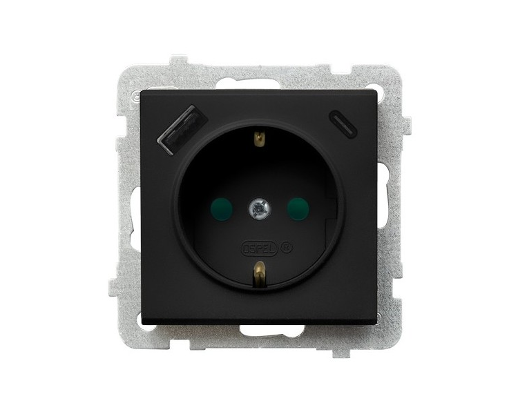 Gniazdo pojedyncze z uziemieniem schuko z przesłonami torów prądowych, z ładowarką USB A+C Czarny matowy Ospel Sonata