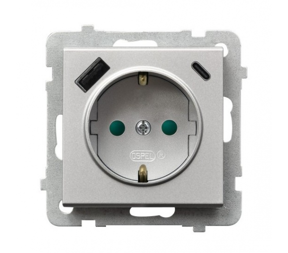 Gniazdo pojedyncze z uziemieniem schuko z przesłonami torów prądowych, z ładowarką USB A+C Srebro mat Ospel Sonata