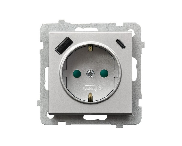 Gniazdo pojedyncze z uziemieniem schuko z przesłonami torów prądowych, z ładowarką USB A+C Srebro mat Ospel Sonata