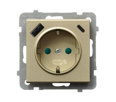 Gniazdo pojedyncze z uziemieniem schuko z przesłonami torów prądowych, z ładowarką USB A+C Szampański złoty Ospel Sonata