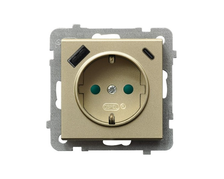 Gniazdo pojedyncze z uziemieniem schuko z przesłonami torów prądowych, z ładowarką USB A+C Szampański złoty Ospel Sonata