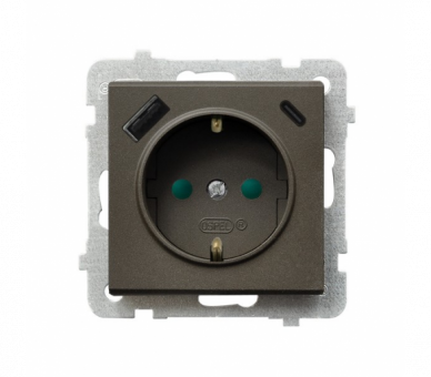 Gniazdo pojedyncze z uziemieniem schuko z przesłonami torów prądowych, z ładowarką USB A+C Czekoladowy metalik Ospel Sonata