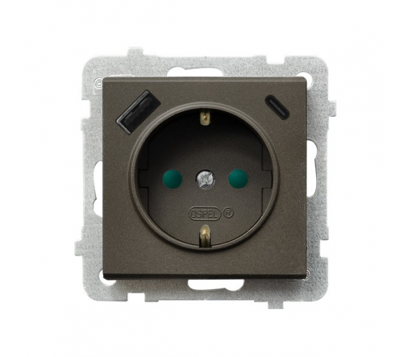 Gniazdo pojedyncze z uziemieniem schuko z przesłonami torów prądowych, z ładowarką USB A+C Czekoladowy metalik Ospel Sonata