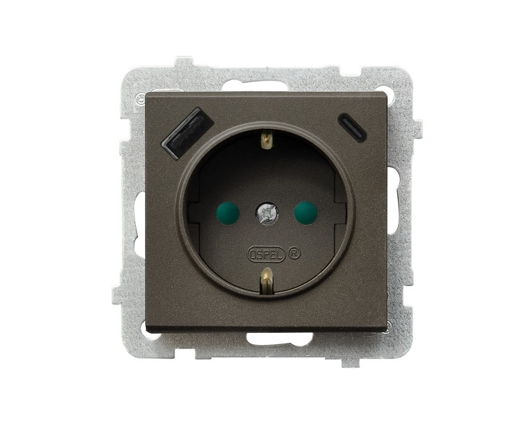 Gniazdo pojedyncze z uziemieniem schuko z przesłonami torów prądowych, z ładowarką USB A+C Czekoladowy metalik Ospel Sonata