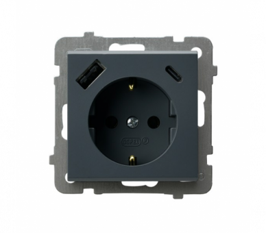 Gniazdo pojedyncze z uziemieniem schuko z przesłonami torów prądowych, z ładowarką USB A+C Szary grafit Ospel Sonata