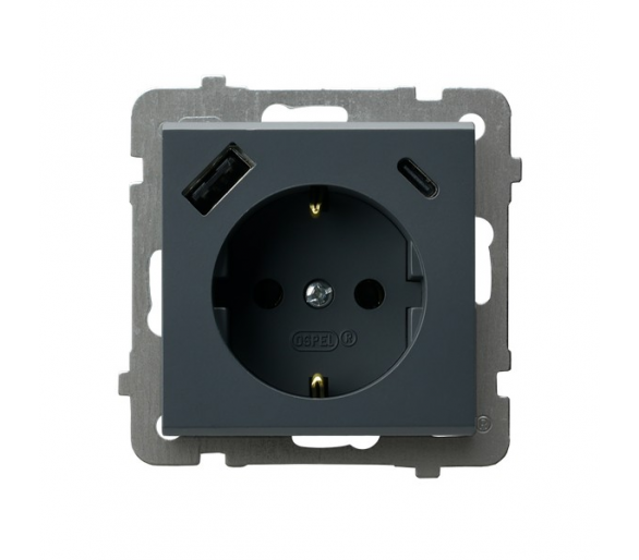Gniazdo pojedyncze z uziemieniem schuko z przesłonami torów prądowych, z ładowarką USB A+C Szary grafit Ospel Sonata