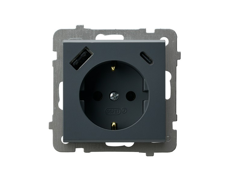 Gniazdo pojedyncze z uziemieniem schuko z przesłonami torów prądowych, z ładowarką USB A+C Szary grafit Ospel Sonata