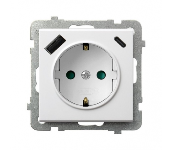 Gniazdo pojedyncze z uziemieniem schuko z przesłonami torów prądowych, z ładowarką USB A+C Biały mat Ospel Sonata