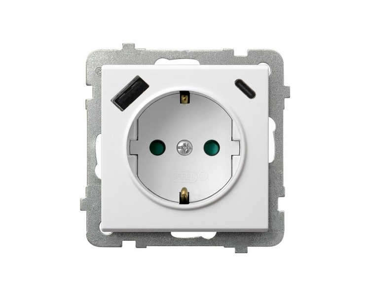 Gniazdo pojedyncze z uziemieniem schuko z przesłonami torów prądowych, z ładowarką USB A+C Biały mat Ospel Sonata