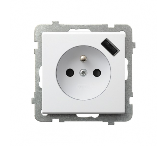 Gniazdo pojedyncze z uziemieniem z przesłonami torów prądowych, z ładowarką USB Biały mat Ospel Sonata