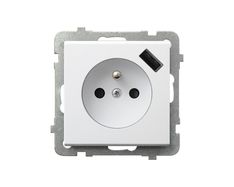 Gniazdo pojedyncze z uziemieniem z przesłonami torów prądowych, z ładowarką USB Biały mat Ospel Sonata