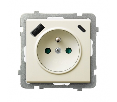 Gniazdo pojedyncze z uziemieniem z przesłonami torów prądowych, z ładowarką USB A+C Ecru Ospel Sonata
