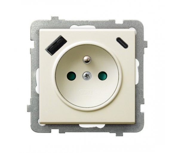 Gniazdo pojedyncze z uziemieniem z przesłonami torów prądowych, z ładowarką USB A+C Ecru Ospel Sonata