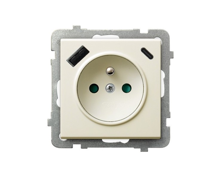Gniazdo pojedyncze z uziemieniem z przesłonami torów prądowych, z ładowarką USB A+C Ecru Ospel Sonata