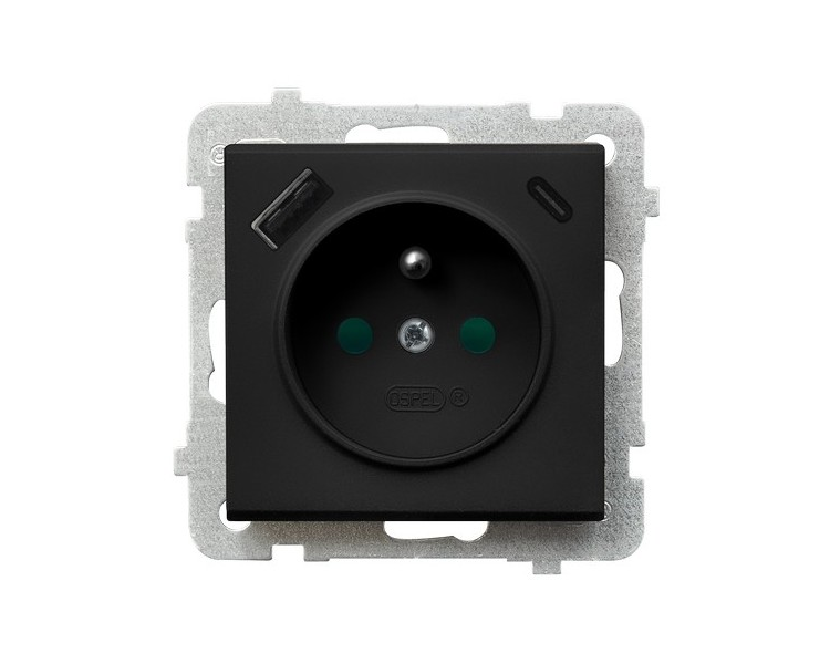 Gniazdo pojedyncze z uziemieniem z przesłonami torów prądowych, z ładowarką USB A+C Czarny matowy Ospel Sonata