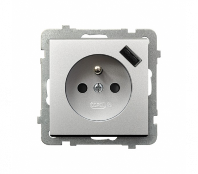 Gniazdo pojedyncze z uziemieniem z przesłonami torów prądowych, z ładowarką USB A+C Srebro mat Ospel Sonata