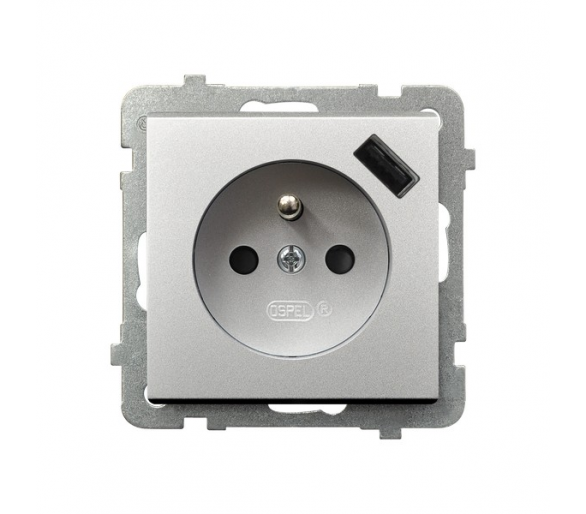 Gniazdo pojedyncze z uziemieniem z przesłonami torów prądowych, z ładowarką USB A+C Srebro mat Ospel Sonata