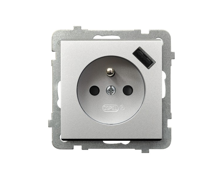 Gniazdo pojedyncze z uziemieniem z przesłonami torów prądowych, z ładowarką USB A+C Srebro mat Ospel Sonata